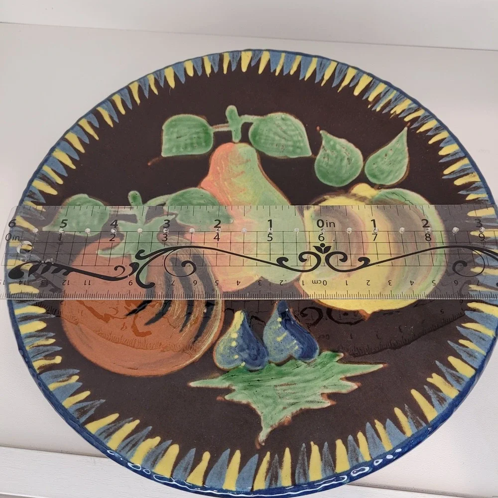 Vintage Italian Studio Pottery Embossed Fruit Plate Dark‎ Glaze Sign Luigiolanta